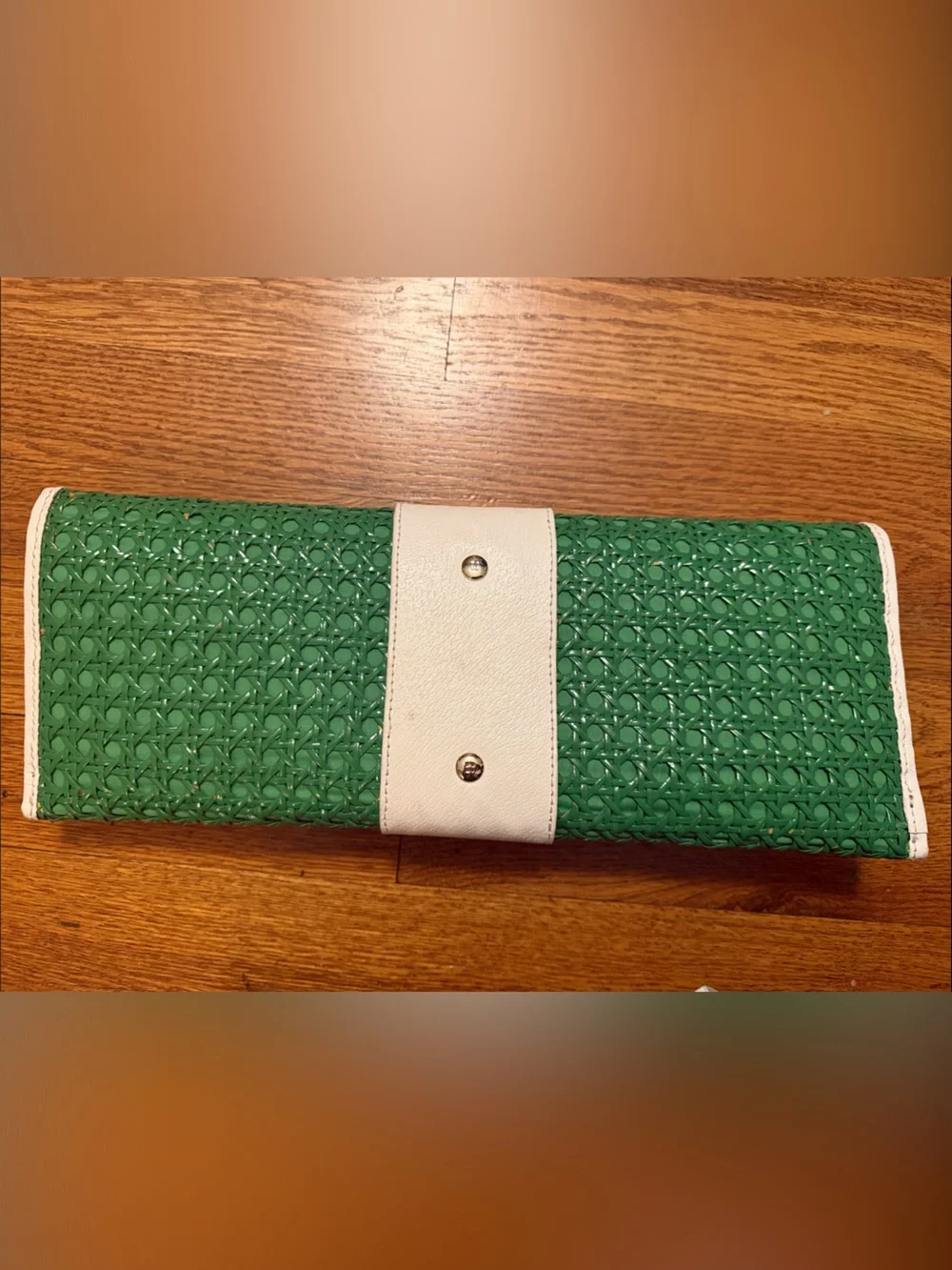 Kate Spade Green Woven Clutch with Cream Trim and Turn Lock